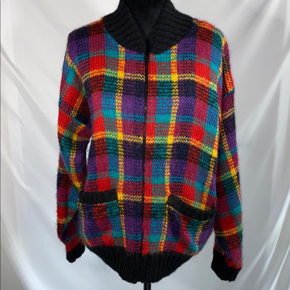 Vintage Lindsey Blake Tartan Plaid Colorful Womens Zip Sweater Medium
